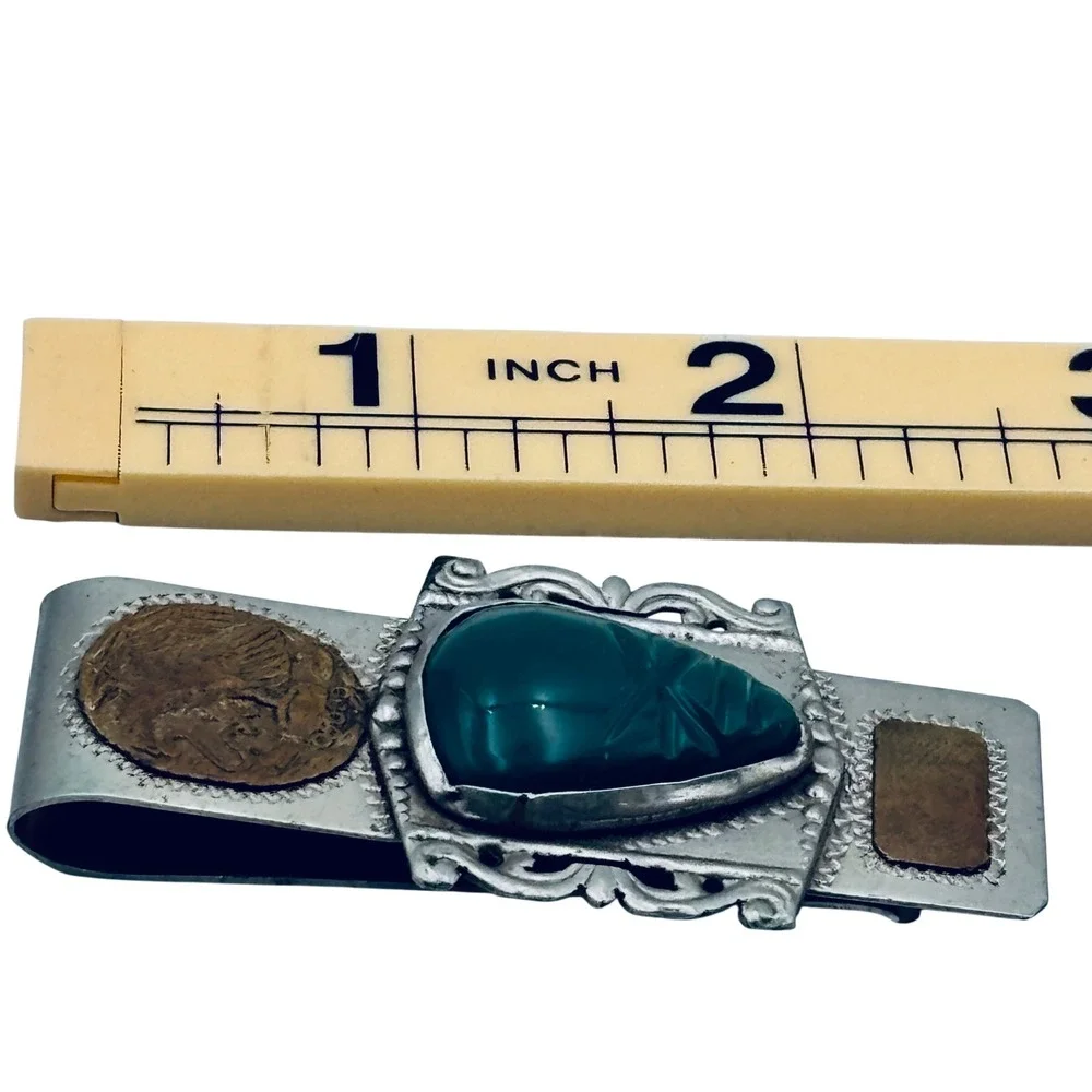 Vintage Taxco Mexico Sterling Silver 925 Carved Green Onyx Mask Money Clip